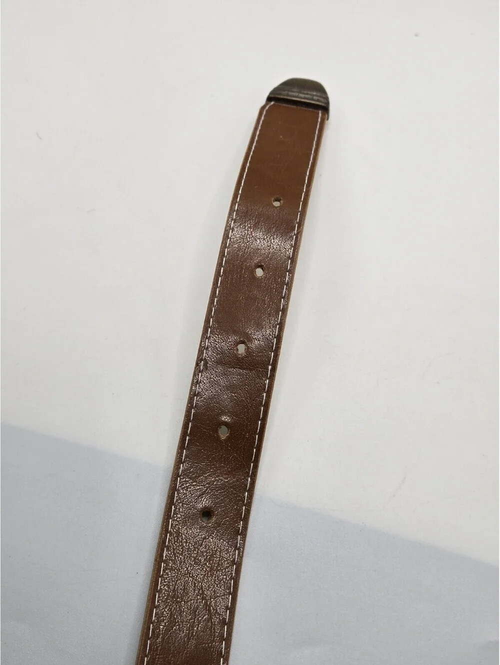 Brown Faux Leather Belt Western Antique Style Brass Color Buckle Contrast Stitch